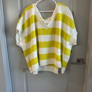 Yellow and White Striped Short Sleeve V-Neck Sweater